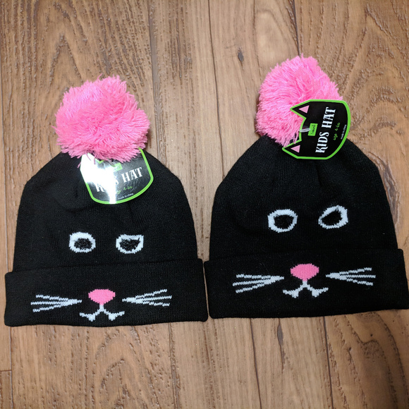 NWT 2 pieces Cat Fcae Knit Beanie with Pompom - Picture 2 of 6
